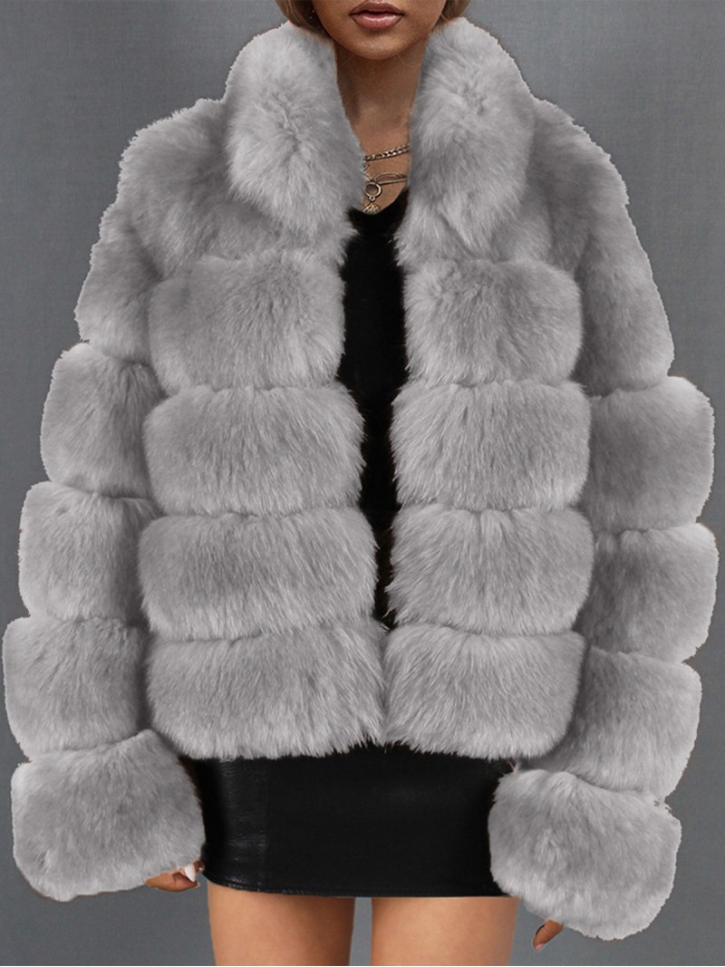 Women Faux Fur Jacket Short Stand Collar Fashion Casual Tops