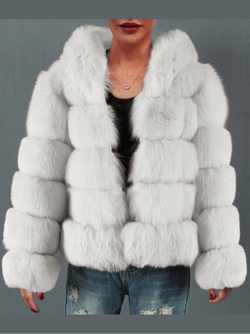 Female Short Faux Fur Plush Jacket Hood Multicolor Winter Fashion Casual Outerwear