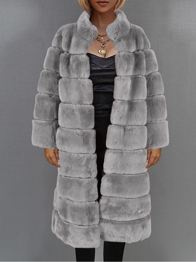 Women Long Faux Fur Coat Autumn Winter Fashion Stand Collar Overcoat