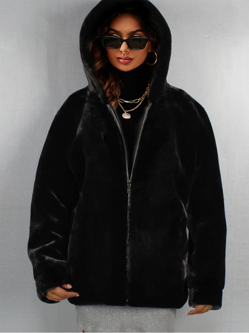 Faux Fur Jacket Women Fashion Casual Tops Black Hood Zipper Short Outerwear