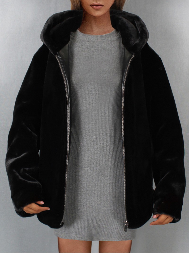 Faux Fur Jacket Women Fashion Casual Tops Black Hood Zipper Short Outerwear