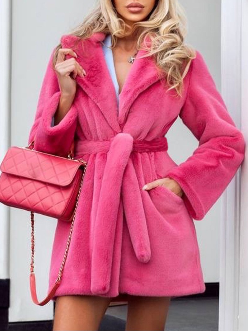 Mid-Length Faux Fur Coat Rose Red Female Outerwear with Girdle