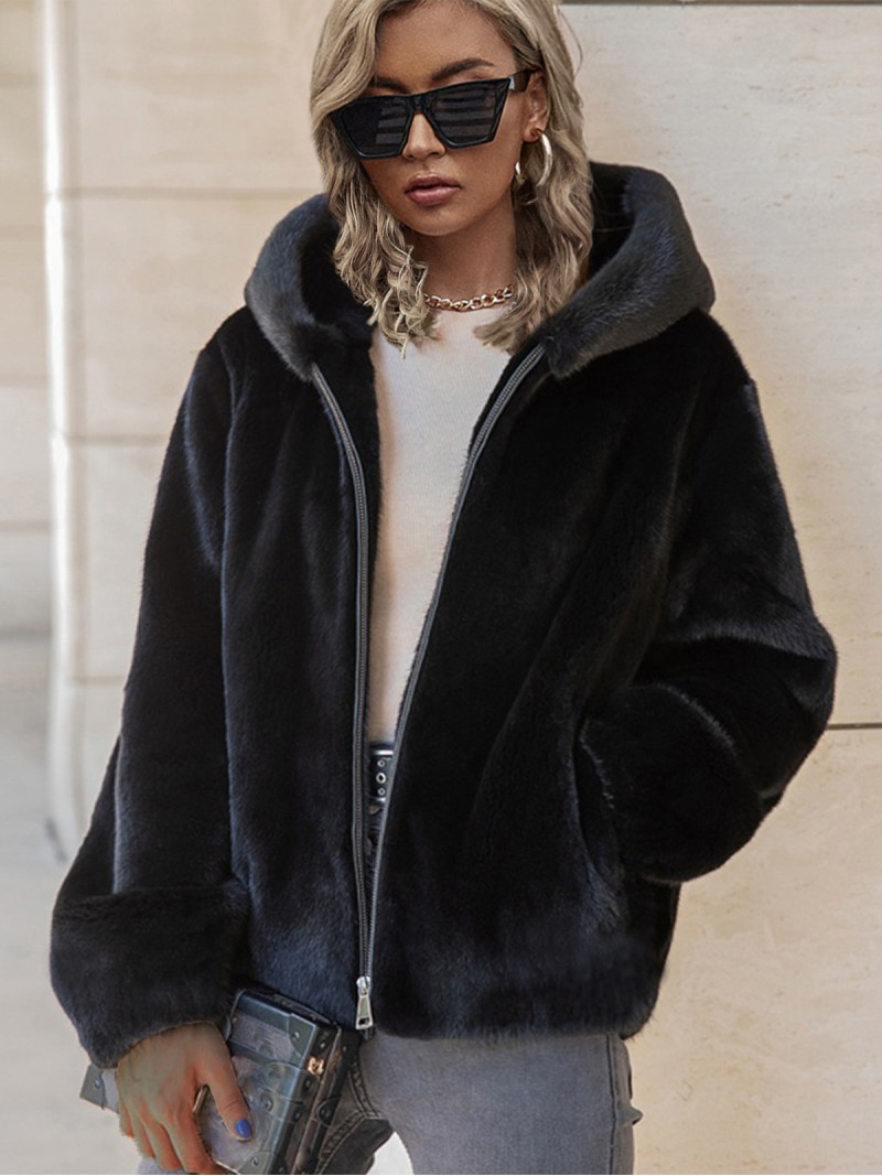 Black Faux Fur Jacket Short Warm Women Outerwear with Hood Zipper