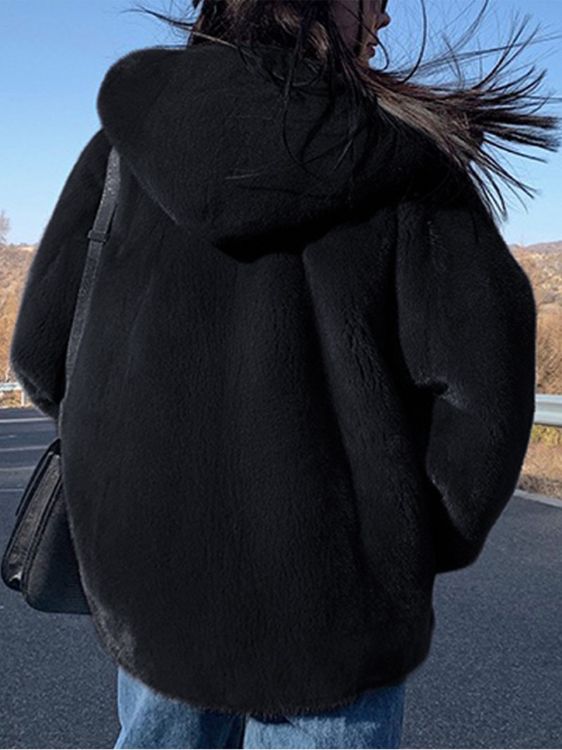 Black Faux Fur Jacket Short Warm Women Outerwear with Hood Zipper