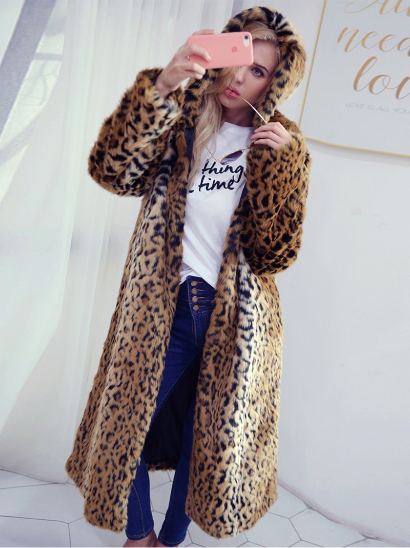 Female Leopard Faux Fur Coat New Autumn and Winter Long Hooded Outerwear