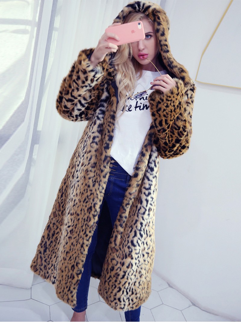 Female Leopard Faux Fur Coat New Autumn and Winter Long Hooded Outerwear