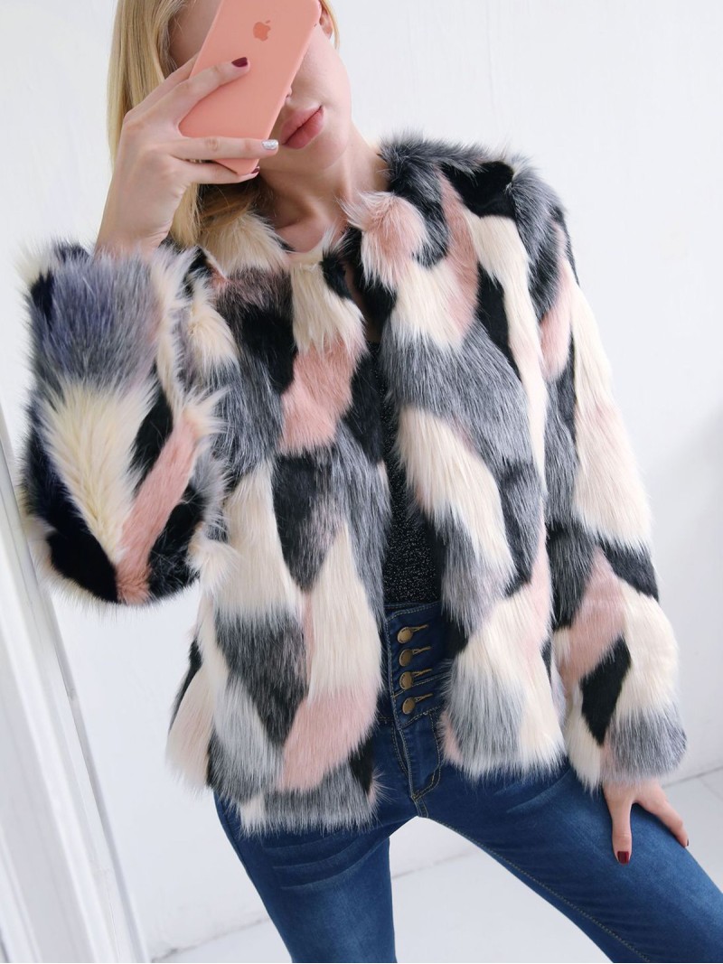 Female Faux Fur Jacket Short Round Neck Autumn Winter Tops
