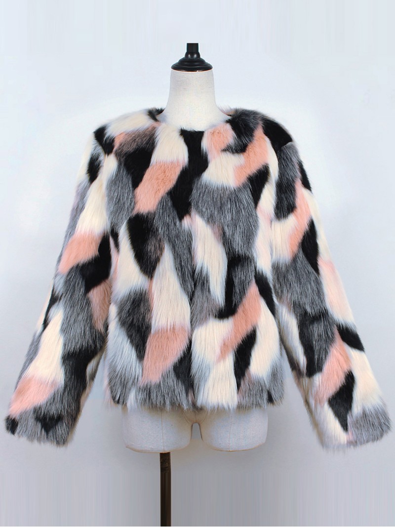 Female Faux Fur Jacket Short Round Neck Autumn Winter Tops