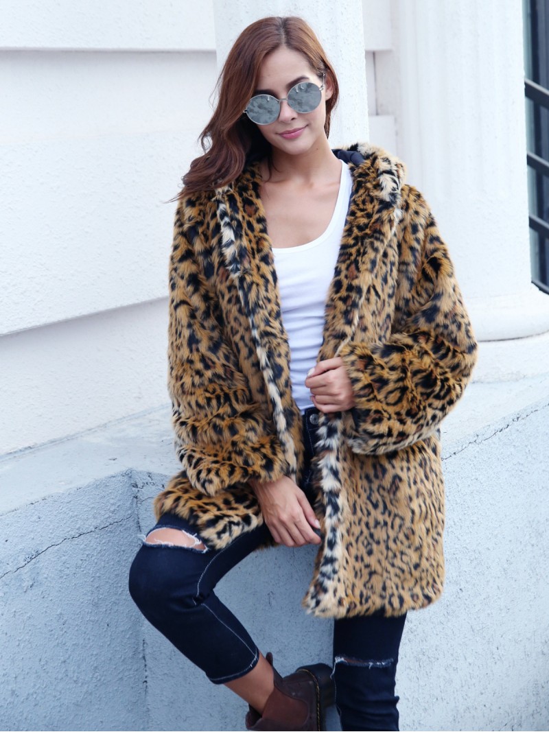 Leopard Faux Fur Coat with Hood Female Tops Mid-Length
