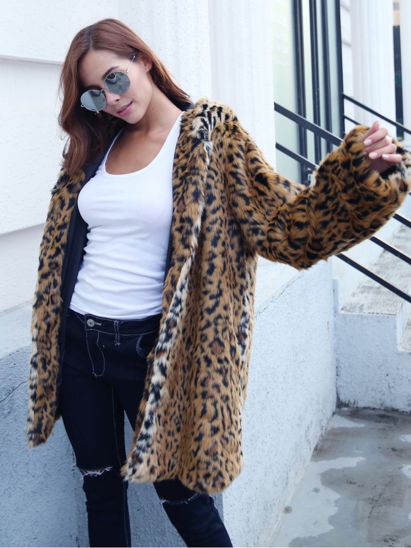 Leopard Faux Fur Coat with Hood Female Tops Mid-Length