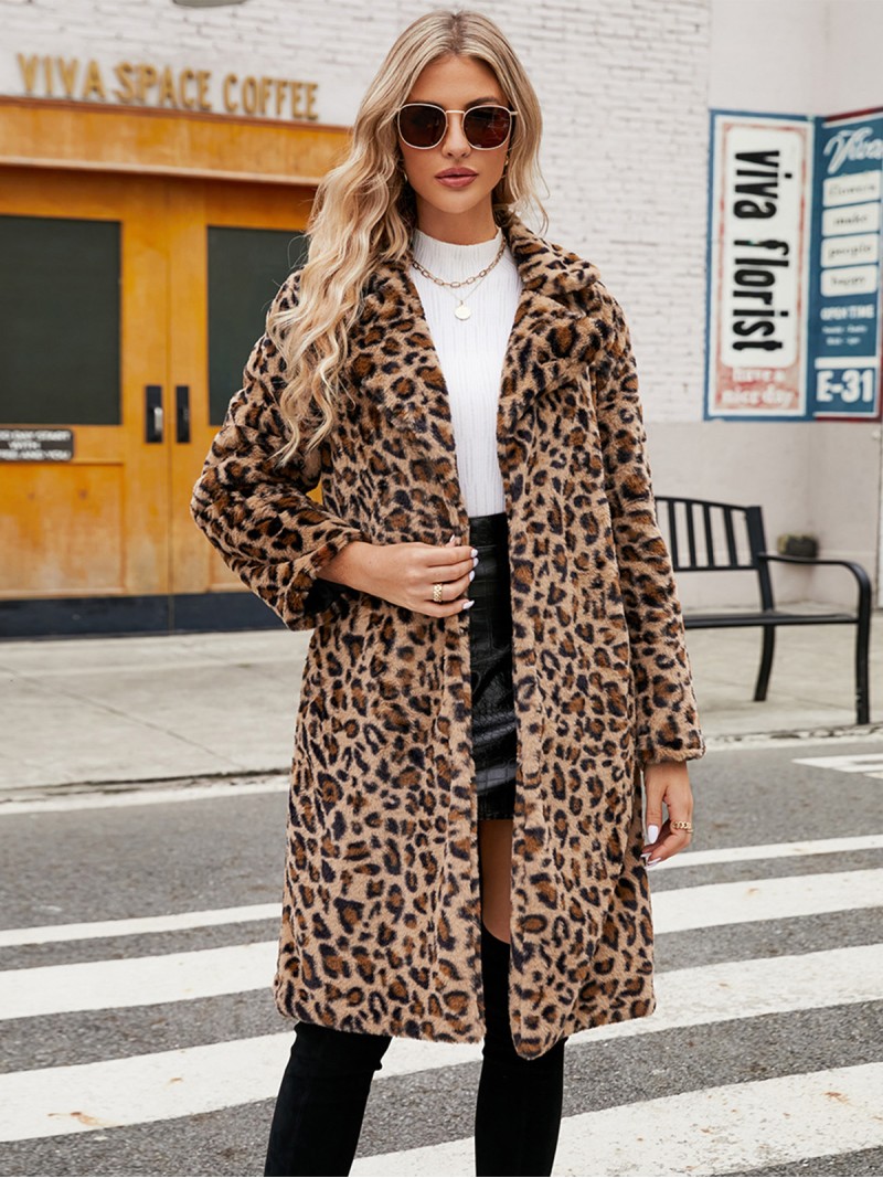 Women Fashion Casual Leopard Faux Fur Coat Multi Color Long Warm Plush Windbreaker