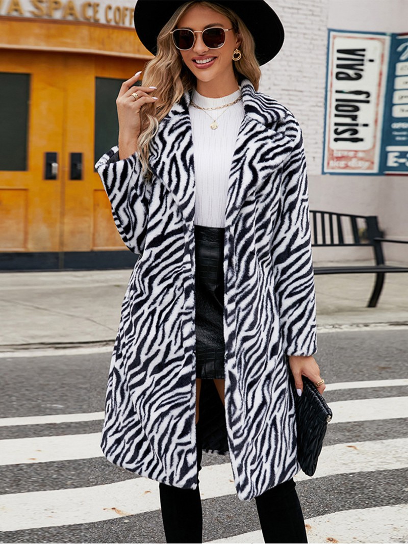 Female Faux Fur Coat Winter Warm Zebra Print Plush Women Outerwear Knee-Length