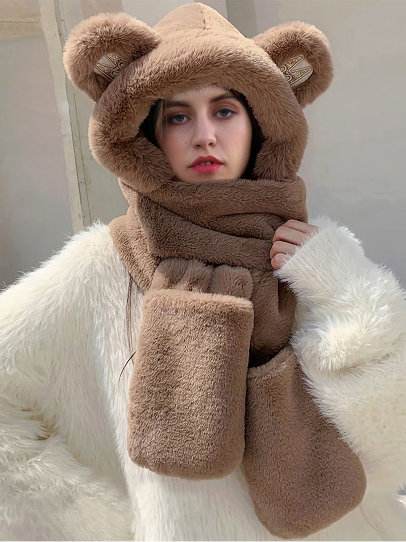 Women Faux Fur Hat Bear-Shaped Headwear Scarves Glove Winter Shawl