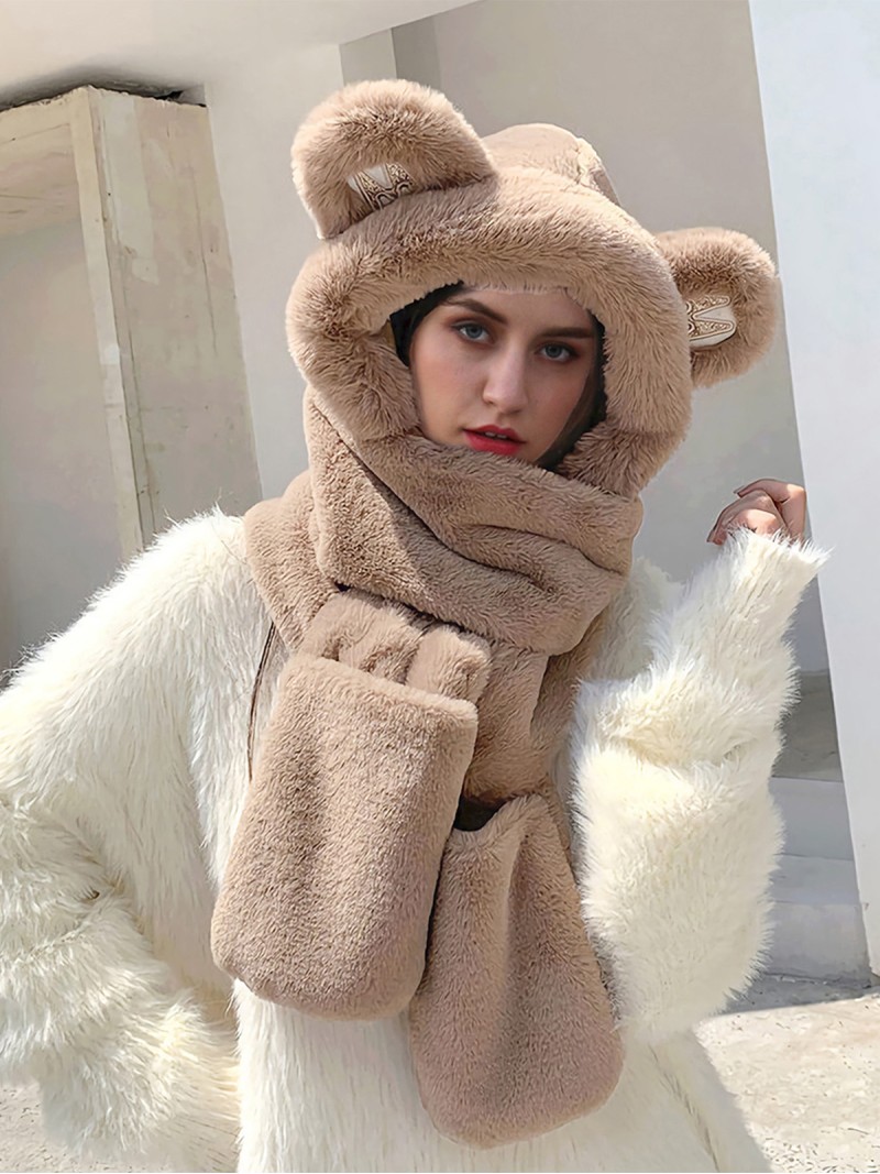 Women Faux Fur Hat Bear-Shaped Headwear Scarves Glove Winter Shawl