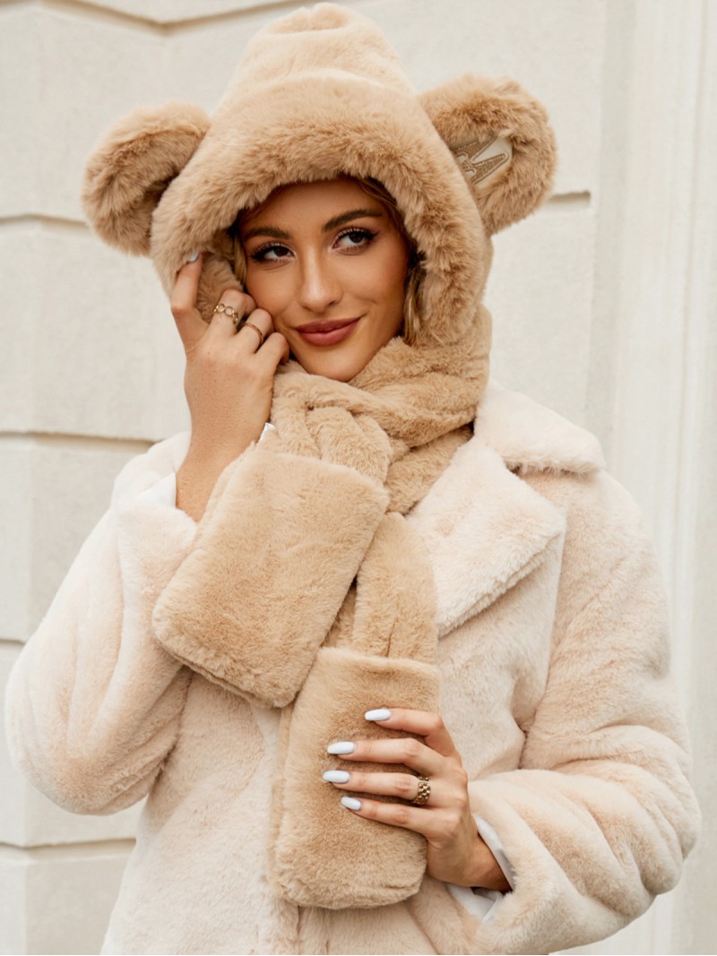 Faux Fur Hat Bear Winter Women Kawaii Cap Casual Plush Scarf Gloves All In One Headwear