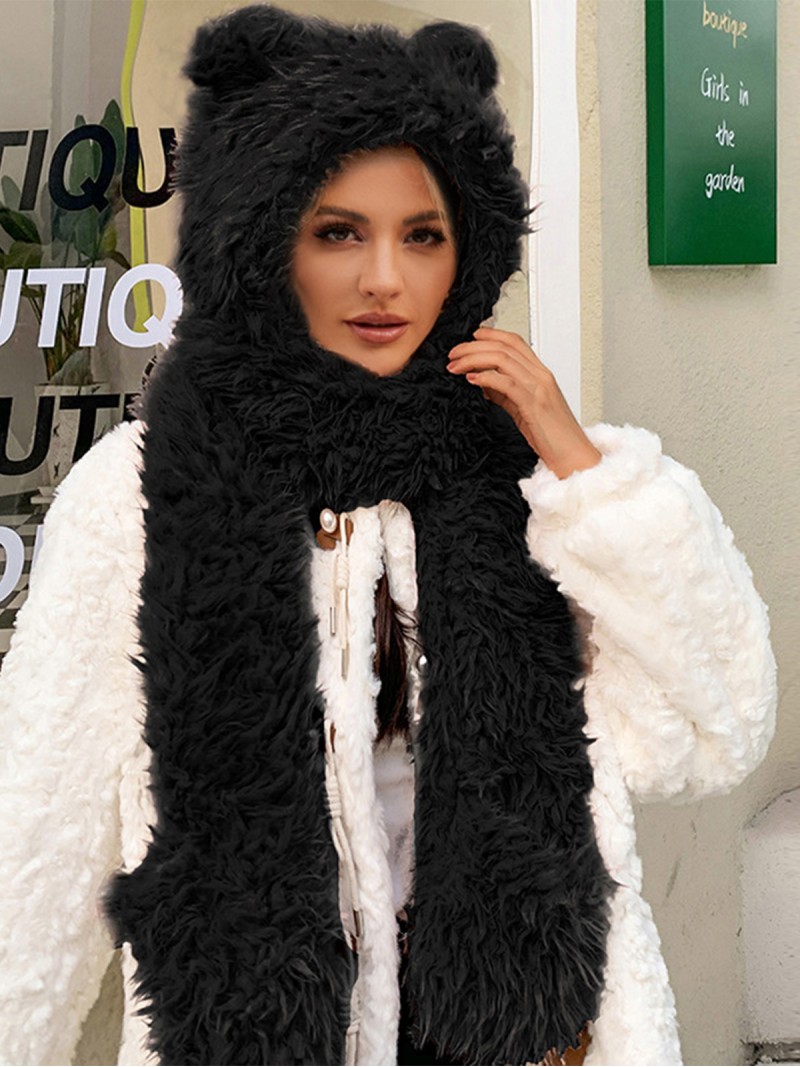 Faux Fur Hat Animal Shapes Plush Women Warmth Scarf Gloves