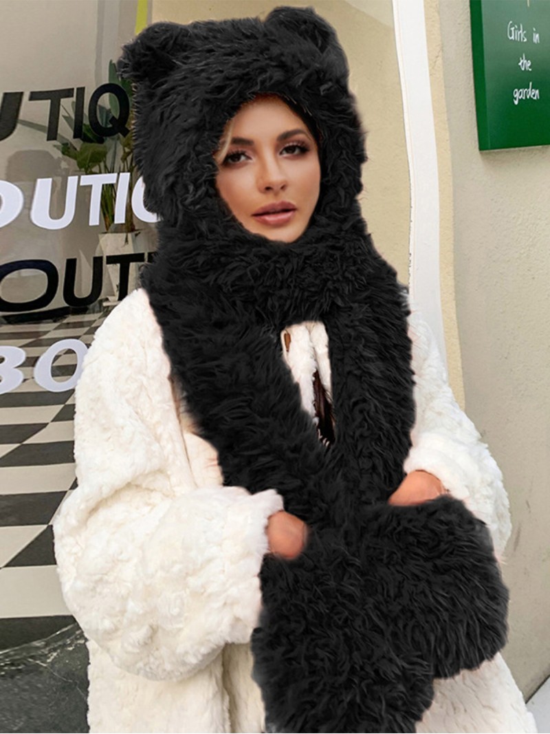 Faux Fur Hat Animal Shapes Plush Women Warmth Scarf Gloves
