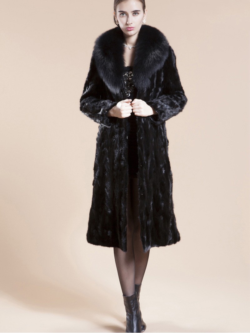 Women Faux Mink Fur Coat Fur Collar Black Autumn Winter Long Outerwear