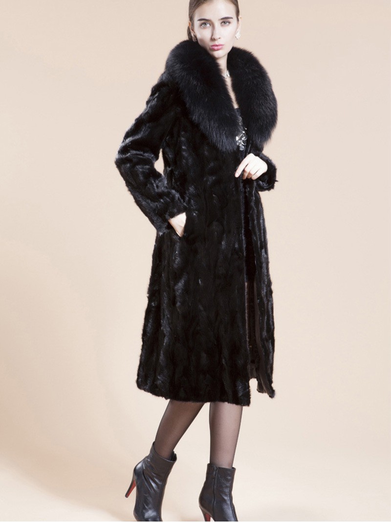 Women Faux Mink Fur Coat Fur Collar Black Autumn Winter Long Outerwear