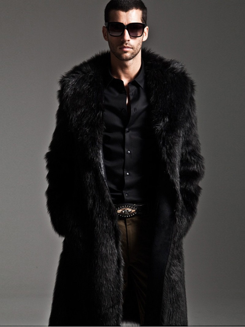 Long Faux Fur Coat Fashion Suit Collar Autumn Winter Extra Thick Men Overcoat