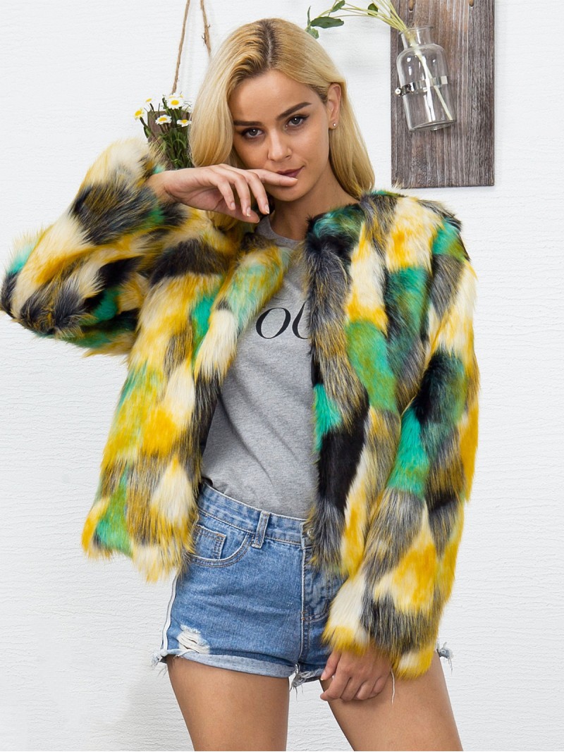 Women Short Faux Fur Jacket Yellow Green Gradient Color Popular Personalized Pattern Tops