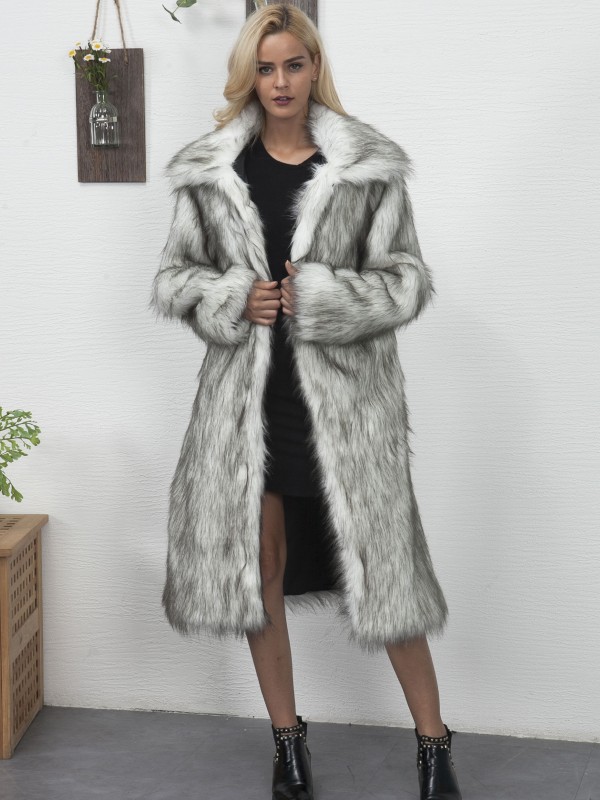 Women Faux Fur Autumn and Winter Long Coat Fashion Square Collar Full-Length