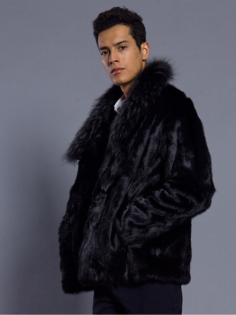 Men Faux Fur Jacket Winter Fashion Black Outerwear Hip-Length