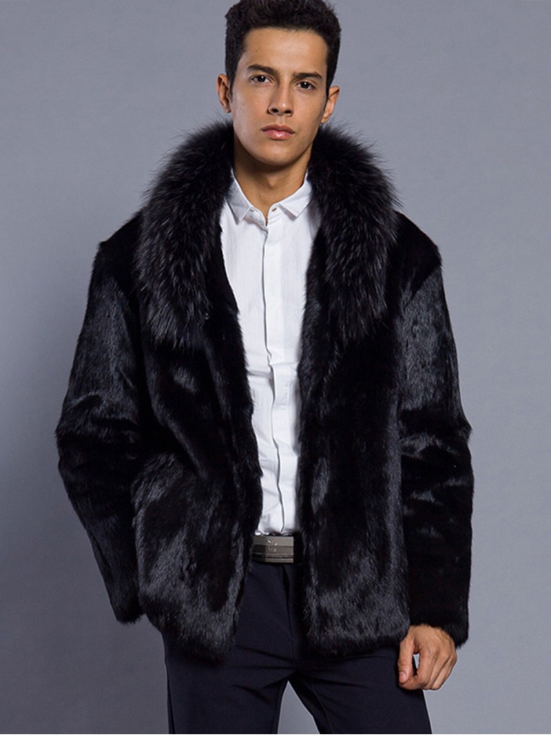 Men Faux Fur Jacket Winter Fashion Black Outerwear Hip-Length