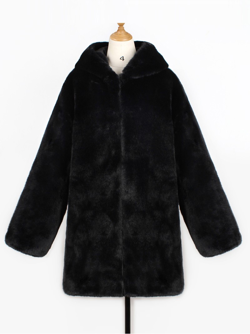 Women Faux Black Coat with Hood Mid-Length Stylish Warm Plush Overcoat
