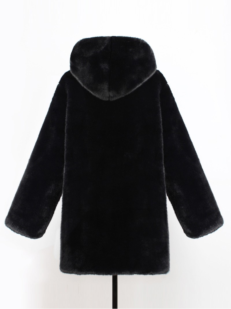 Women Faux Black Coat with Hood Mid-Length Stylish Warm Plush Overcoat