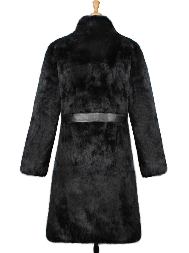 Black Faux Rabbit Fur Coat European and American Plush Long Overcoat
