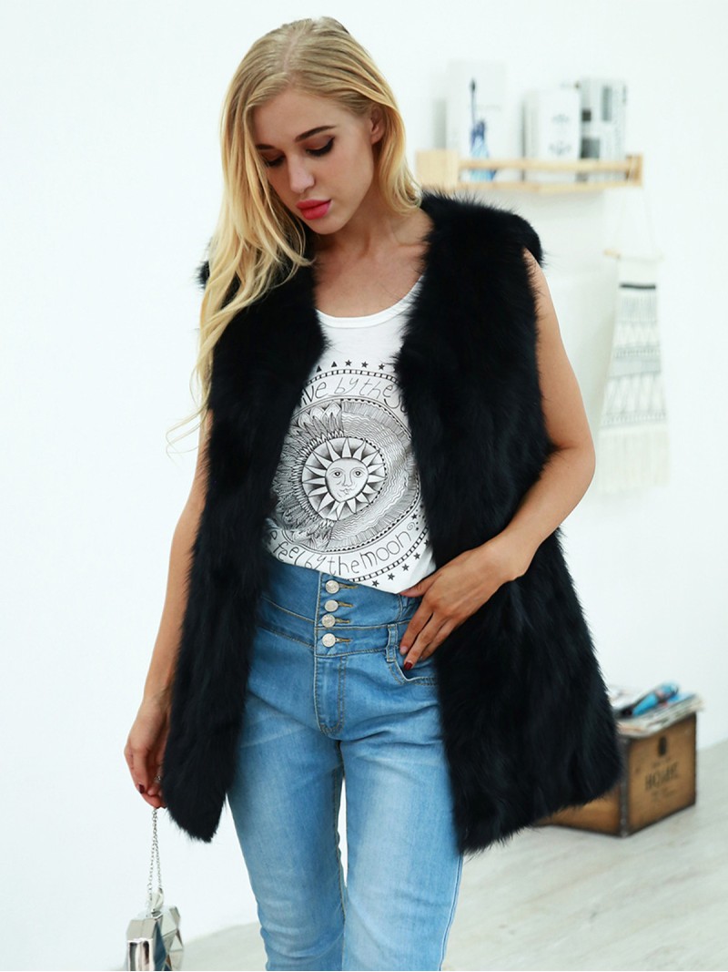 Women Blcak Faux Fur Vest Autumn and Winter Fashion Mid-Length Tops