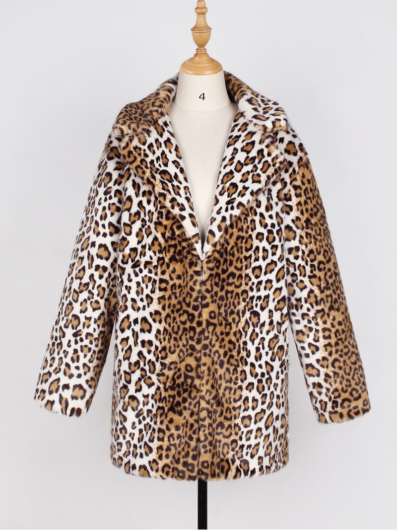 Women Leopard Faux Fur Jacket Autumn and Winter Fashion Short Plush Tops