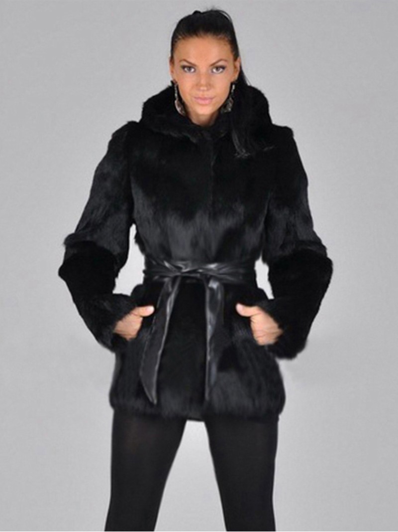 Black Faux Fur Coat Women Autumn and Winter Warm Personalized Fashion Hood Tops