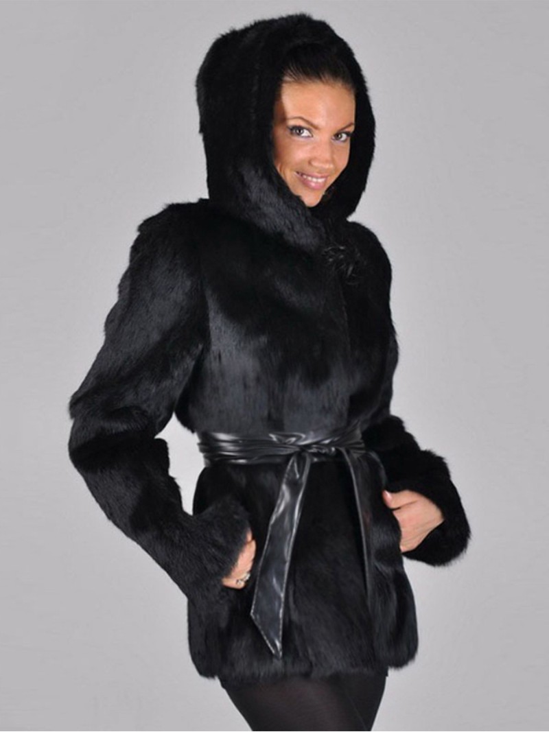 Black Faux Fur Coat Women Autumn and Winter Warm Personalized Fashion Hood Tops