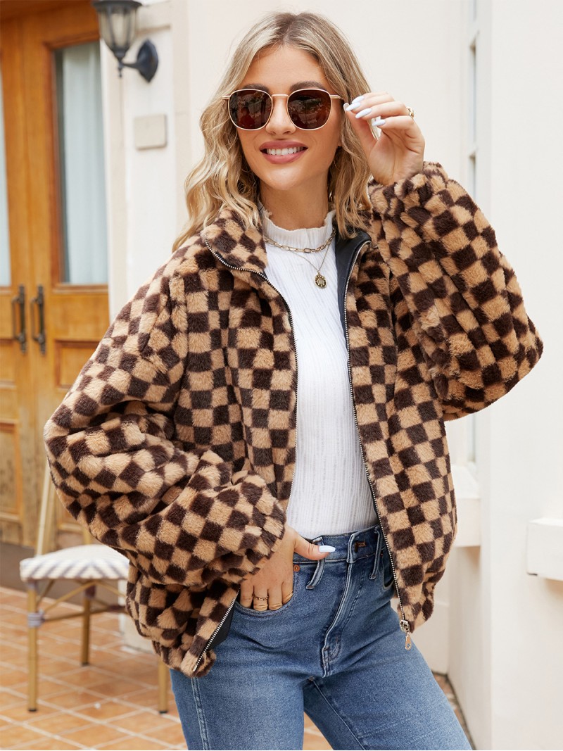 Women Faux Fur Jacket Short Checkered Pattern Soft Plush Tops