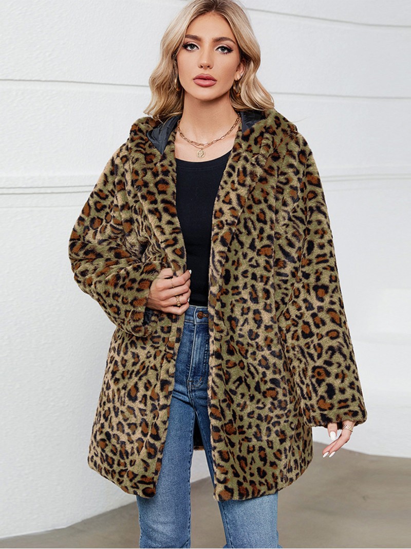Women Long Overcoat Winter Casual Plush Leopard Faux Fur Coat with Hooded
