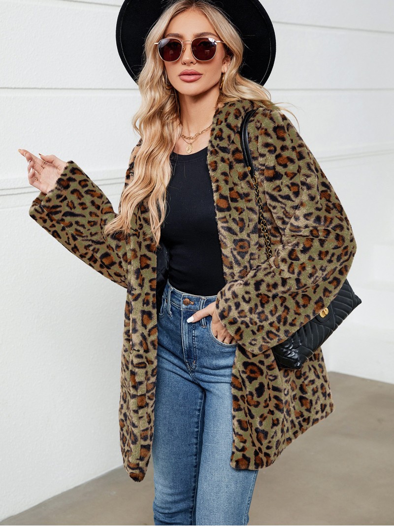 Women Long Overcoat Winter Casual Plush Leopard Faux Fur Coat with Hooded