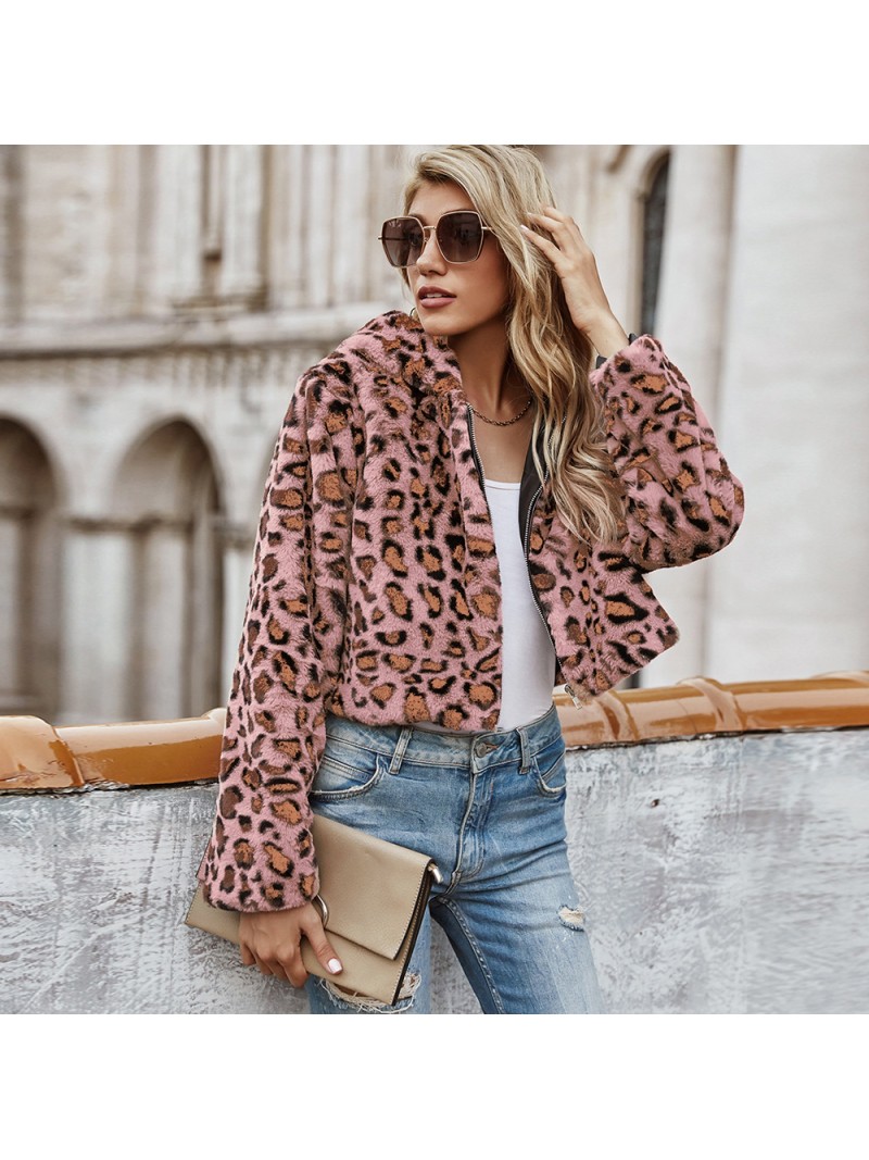 Leopard Faux Fur Jacket Women Short Fashion Casual Hooded Plush Tops