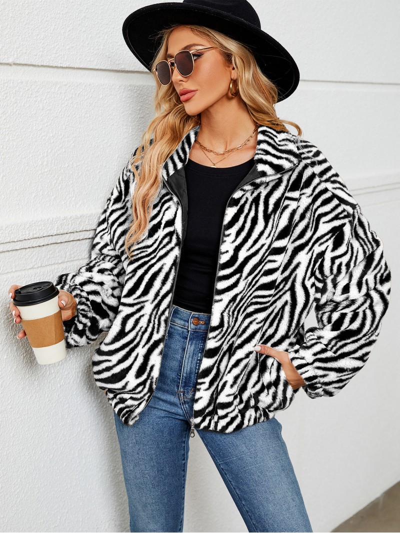 Women Faux Fur Jacket Zebra Print Plush Stand Collar Zipper Outerwear