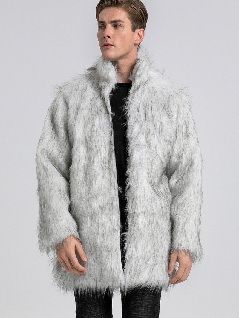 Faux Fur Jacket Male Stand Collar Warm Autumn and Winter Mid-Length Plush Tops
