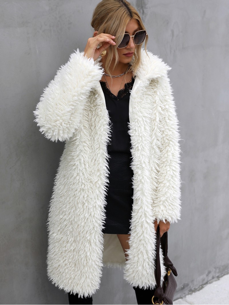 Autumn and Winter Women Faux Fur Coat Off White Lapel Warm Long Overcoat