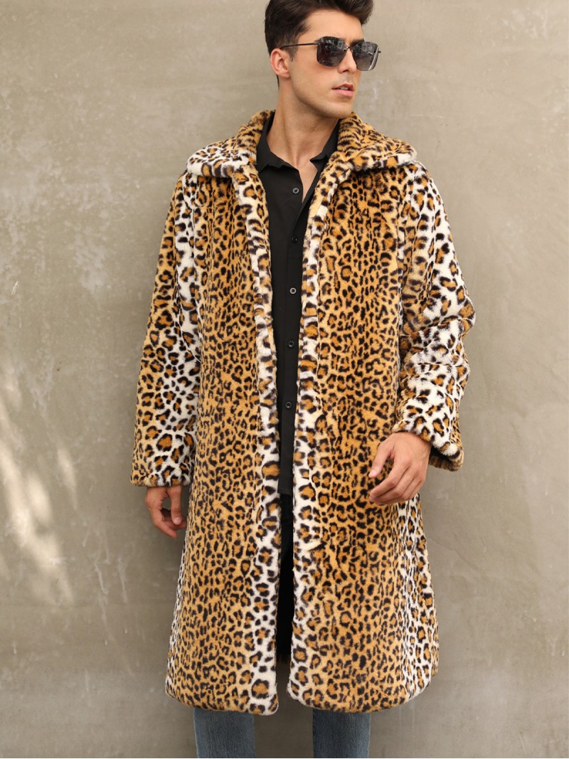 Leopard Faux Fur Coat Square Collar Male Winter Casual Fashion Overcoat