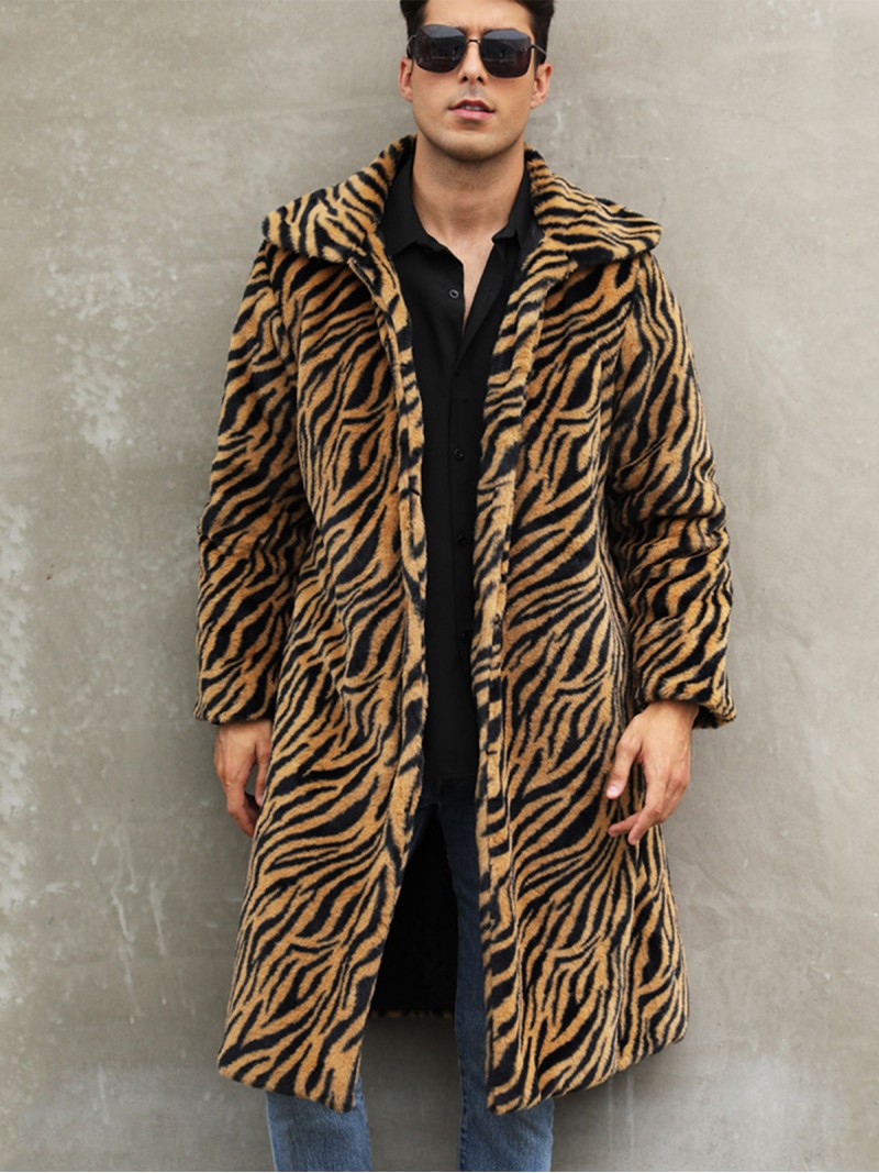 Men Faux Fur Coat Square Collar Plush Zebra Pattern Long Overcoat