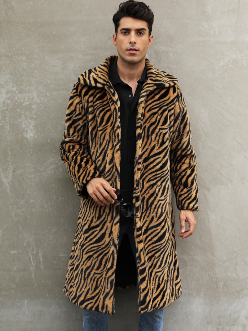 Men Faux Fur Coat Square Collar Plush Zebra Pattern Long Overcoat