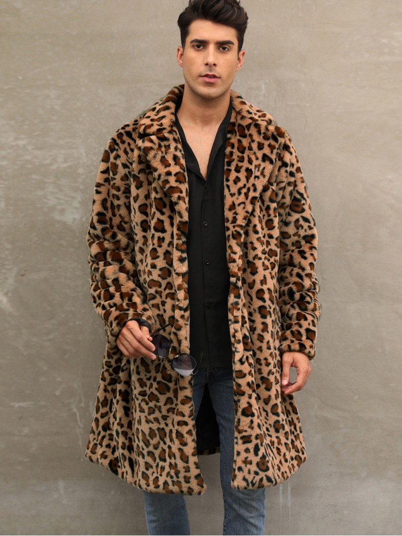 Male Long Leopard Faux Fur Coat Suit Collar Fashion Casual Warm Outerwear