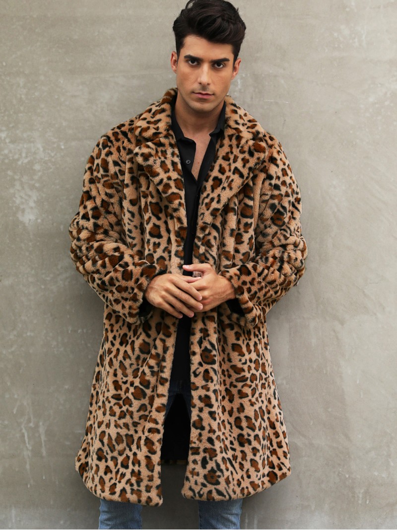 Male Long Leopard Faux Fur Coat Suit Collar Fashion Casual Warm Outerwear