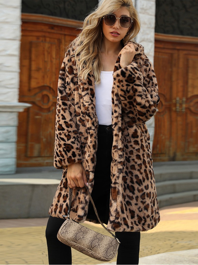 Female Commuter Style Faux Fur Coat Casual Leopard Outerwear Suit Collar