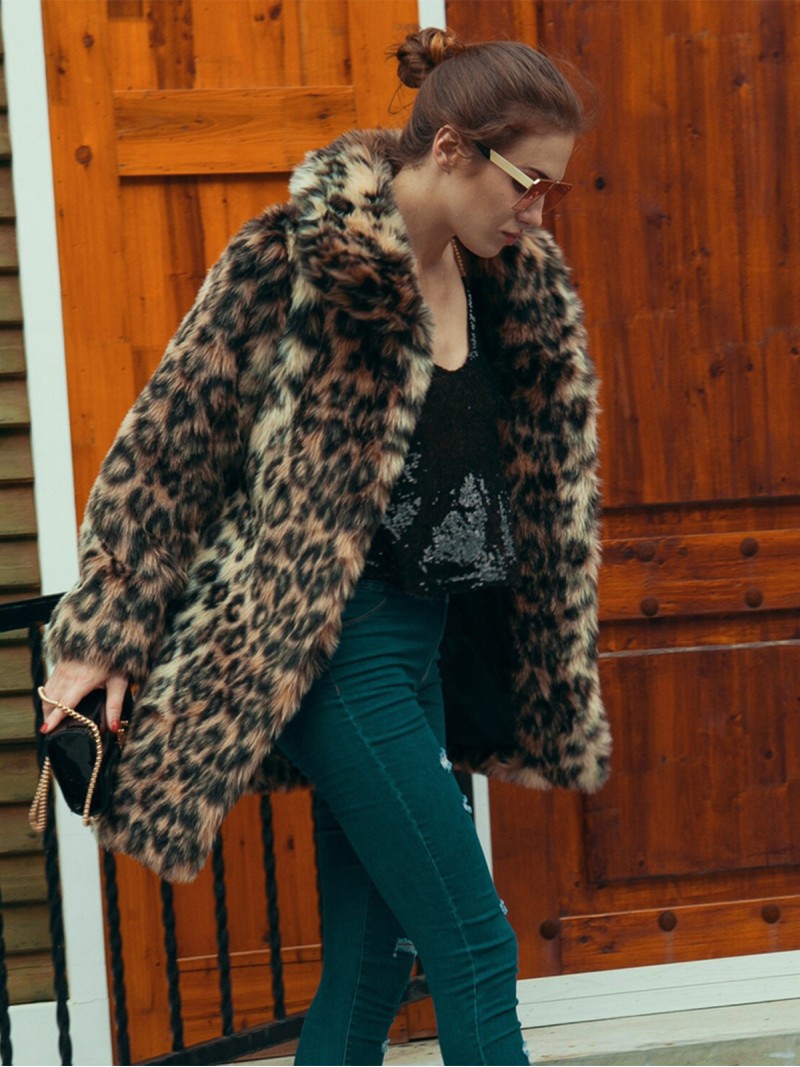 Women Leopard Lapel Faux Fur Overcoat Mid-Length Winter Plush Coat